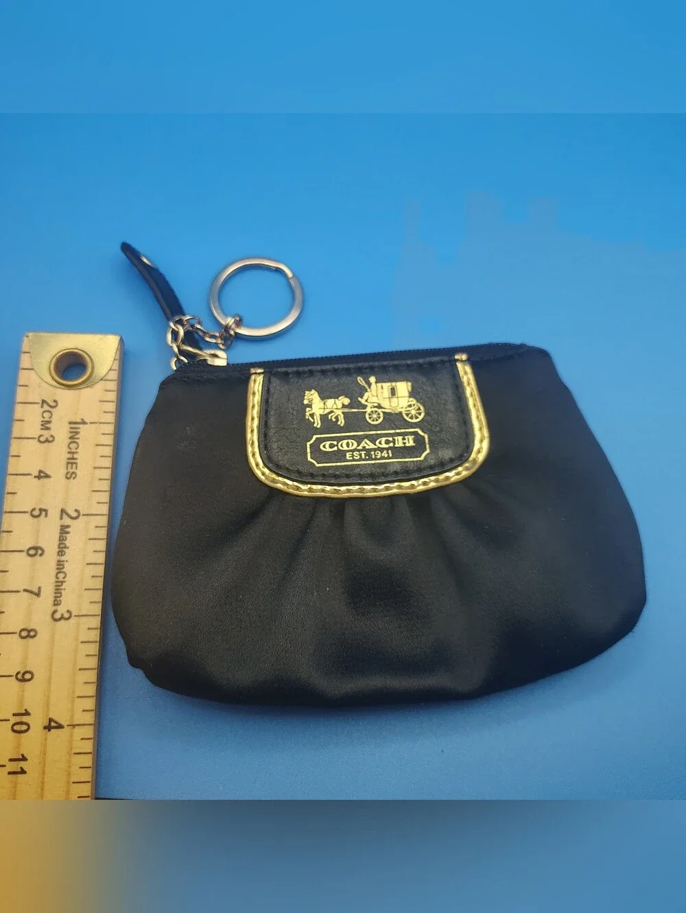 Coach Black Satin Coin Pouch with Gold Logo Trim
